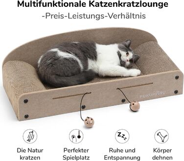 Cat Scratch Board, 66CM Durable Scratch Cardboard and Felt, Large Lounger, 2 Reversible Cat Scratch Pads for Cats, Recyclable Cardboard Cat Bed with Bell Ball Toy, Caramel Color (Large Format Beige)