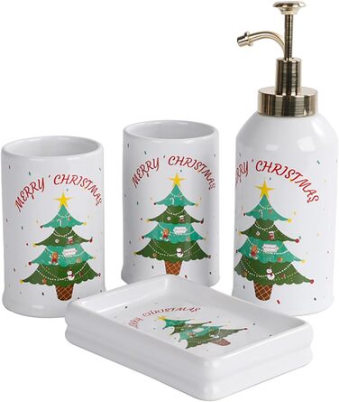 4-Piece Ceramic Bathroom Set, Artistic Line Face Bathroom Accessories Set with Soap Dispenser, Toothbrush Holder, Cup, Soap Dish, Abstract Bathroom Set for Decor, Cream (Christmas Tree)