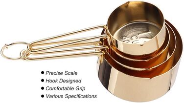 WAAZI 8-Piece Measuring Cup and Spoon Set, Stainless Steel Measuring Spoons with Buckle, Kitchen Baking Accessories for Milk-Tea Shops, Bars, Cafés, Kitchen Utensils (Color: Gold)