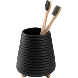Folkulture Bathroom Toothbrush Holder, Modern Wooden Toothbrush and Toothpaste Holder (Black Grooves)