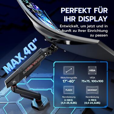 Кронштейн для монітора ARES WING для плоских та вигнутих екранів 17-40 дюймів, регульований тримач з VESA 75/100 мм, навантаження до 12 кг, чорний