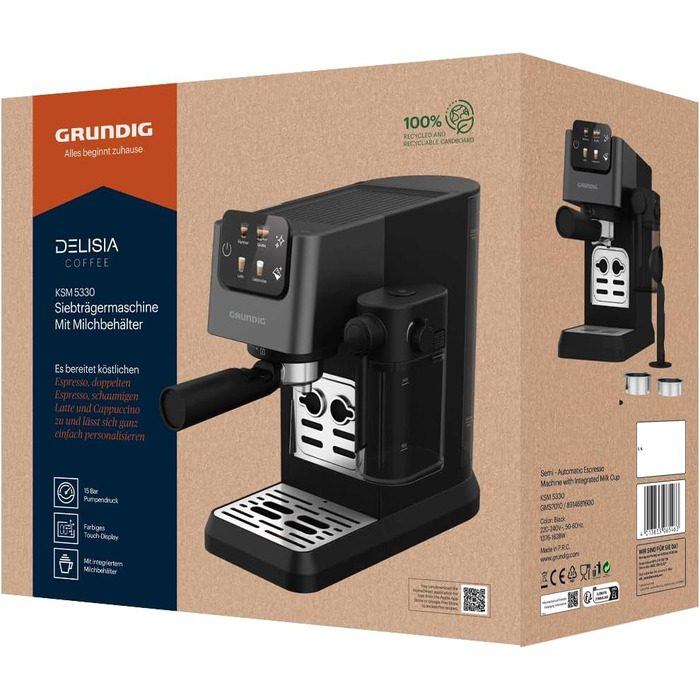 GRUNDIG KSM 5330 Espresso Machine with Integrated Milk Container, 1628 W Power, 15 bar Pump Pressure, Dual Nozzle, Color Touch Display, BrewSense, CreamyPro, Dark Inox/Black. With Milk Container