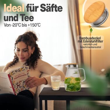 Water Carafe I 1.5 Liter I Reinforced Glass Thickness I Carafe Suitable for Hot & Cold Drinks I Drip-Free Spout I Modern Glass Carafe I Glass Teapot I Robust Glass Carafe with Lid