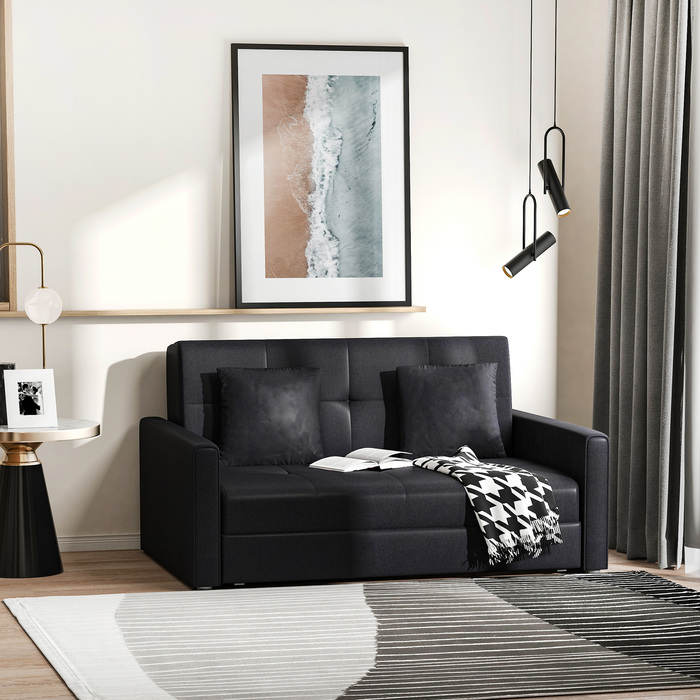 HOMCOM 2-Seater Sofa Bed with Storage, Back Cushions, Polycotton, Wood, Charcoal Gray, 152x101x81cm | Aosom