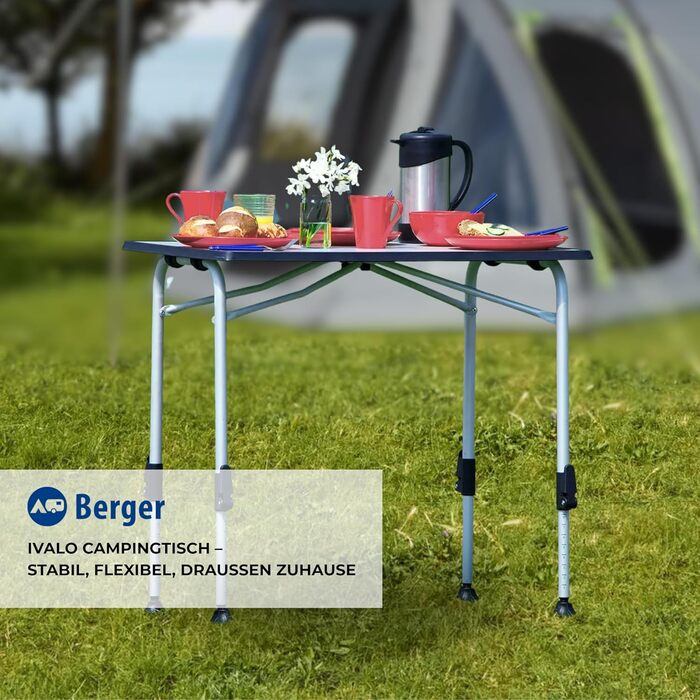 Стіл кемпінговий розкладний BERGER Ivalo 2, 80x60 см, алюмінієвий, регульована висота, для саду, балкону, тераси