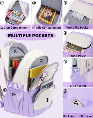 Шкільний рюкзак Aryan для жінок, підліток, дівчата, хлопці. Легкий, з відділенням для ноутбука, для подорожей, навчання, роботи (фіолетовий)