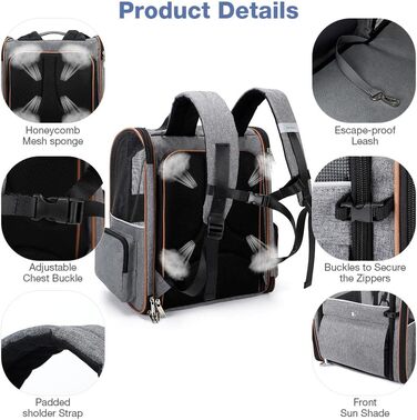 Розширюваний рюкзак для кота/собаки, до 8 кг, сірий. Рюкзак-переноска для тварин з безпечною шнуркою та підстилкою, 32 x 28 x 42 см