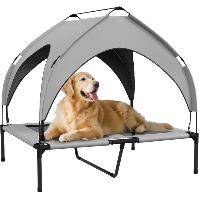 PawHut Підвищене собаче ліжко з балдахіном, ліжко для домашніх тварин, вулиця, лежанка для собак з дахом, дихаюча, для міні та маленьких собак, Оксфорд 61 x 46 x 63 см (Д 91 x Ш 76 x В 89 см, світло-сірий)