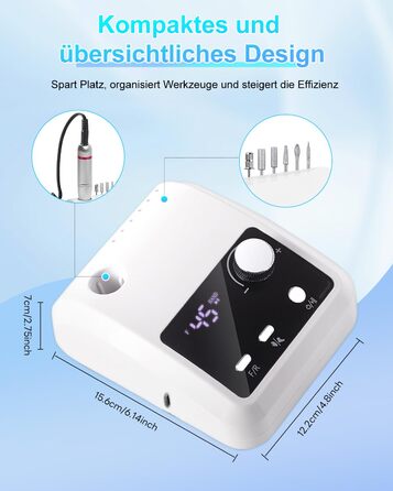 Електрична машинка для манікюру та педикюру CozyZen Professional: 45000 об/хв, LCD-дисплей, керування рукою/ногою, тиха робота, для акрилу та гелю, білий