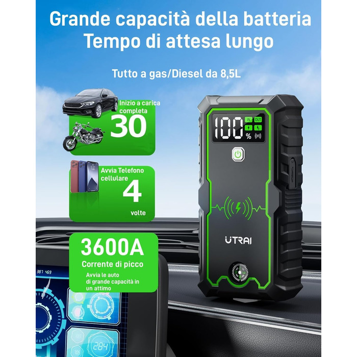 Powerbank UTRAI Starthilfe: Портативний пусковий пристрій для автомобіля 27000mAh, 3600A, з бездротовим зарядним пристроєм 10W та ліхтариком 4 LED