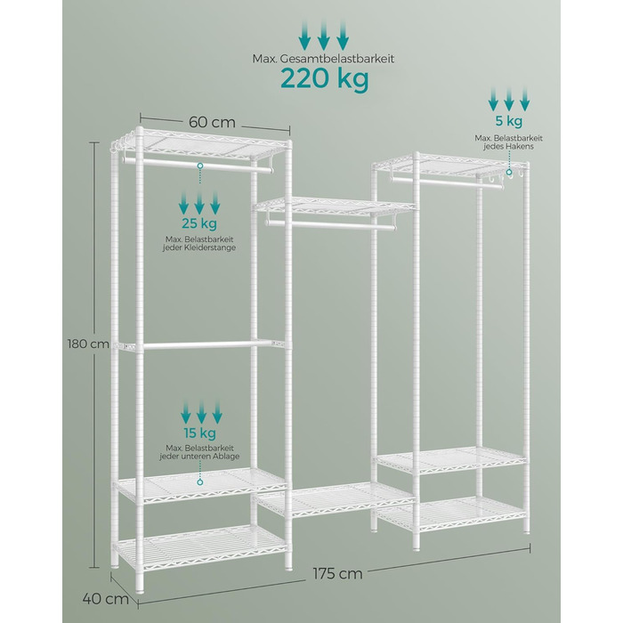 SONGMICS Clothes Rack, Open Wardrobe, Metal Coat Rack, Coat Stand with Adjustable Shelves and Clothes Rails, Hooks, High Load Capacity, Detachable, Cloud White LGR431W01