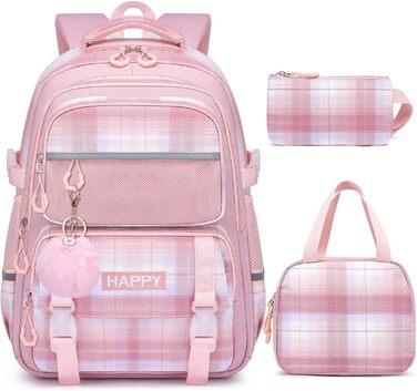 Шкільний рюкзак для дівчинки з візерунком, дихаючий та водовідштовхуючий рюкзак для 1-5 класів (рюкзак для дітей + ізольована ланч-торбинка + пенал, Рожевий)