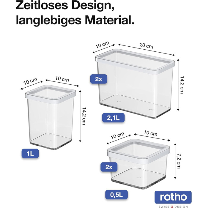 Rotho Loft 5-Piece Storage Canister Set with Lids, Various Sizes, Food-Grade Plastic (PP), BPA-Free, 2 x 2.1l, 1 x 1.0l, 2 x 0.5l (30.0 x 21.0 x 15.0 cm) (transparent/white)