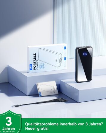 Повербанк 26800mAh з швидкою зарядкою USB-C та кабелем 3-в-1, Dual-LED ліхтарем, чорний — зовнішній акумулятор для iPhone 17/16/15, Samsung S26/S25, Xiaomi