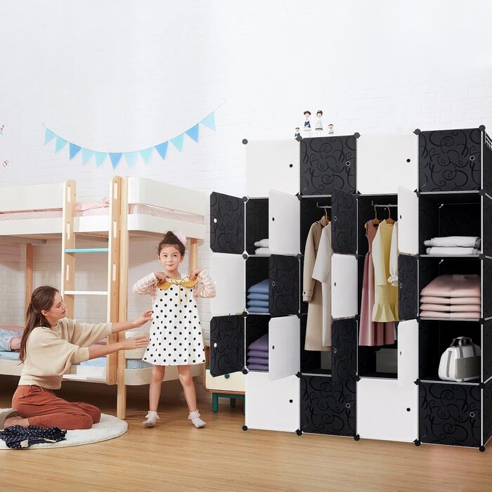 XMTECH DIY Closet System Wardrobe with Door, Shelf Closet, Coat Rack, Shoe Rack made of Plastic (10 Box Closet) (20 Hook Closet)