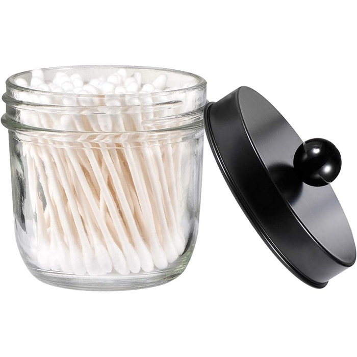 Mason Jar Bathroom Accessory Set, 4 Piece, Foaming Soap Dispenser & 2 Qtip Holders & Toothbrush Holder, Rustic Farmhouse Decor, Apothecary Glass, Countryside Countertop (Black) (Wide Mouth, Black)