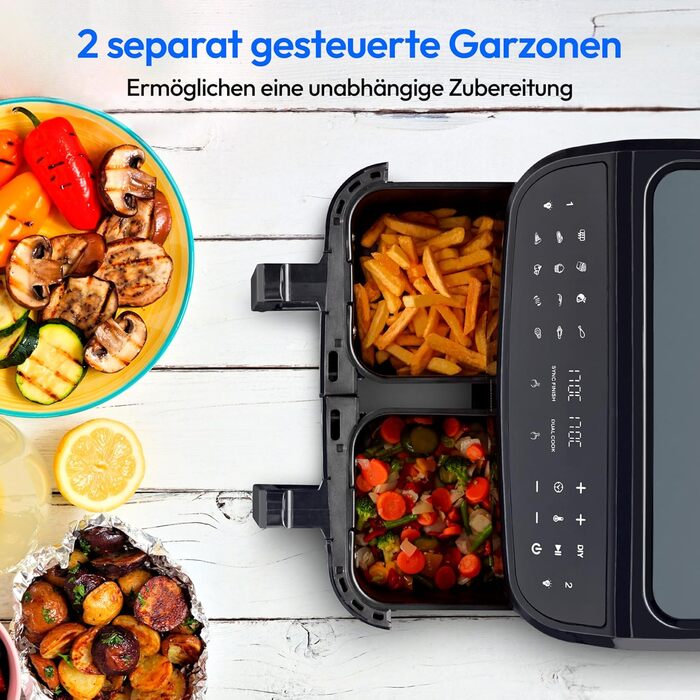 Аерофритюрниця MEDION P20 XXL, 8.7 л, 2600 Вт, подвійна камера, 9 програм, 2 кошики, чорна