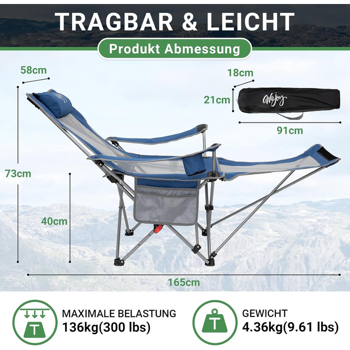 Кемпінговий стілець-розкладний WEJOY 2-в-1 з підставкою для ніг та підсклянником, блакитно-сірий