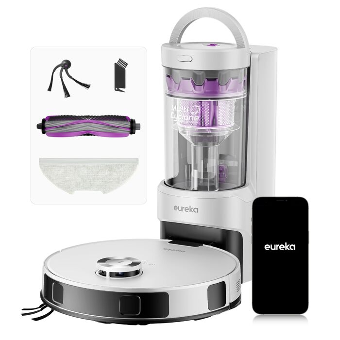 Робот-пилосос Eureka E20 Evo Plus з функцією миття та автопорожненням, 10000 Па, для твердих підлог та килимів, білий