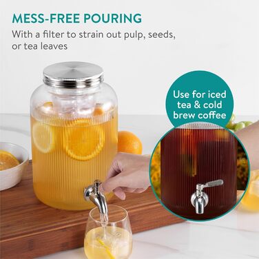 Navaris Drink Dispenser with Tap - Punch Bowl with Lid - Glass Drink Dispenser with Tap - Glass Water Dispenser - Lemonade Dispenser - Juice Dispenser - 4 Liters
