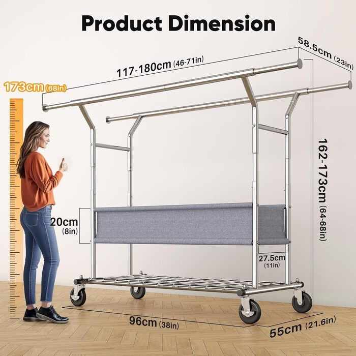 Вішалка для одягу HOKEEPER на коліщатках, вантажопідйомність 204 кг, висувна штанга для одягу