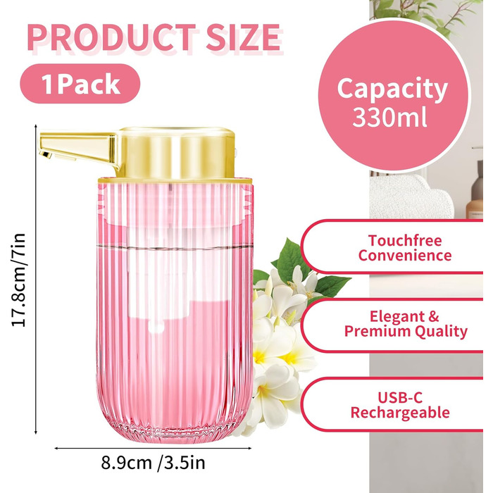 Автоматичний безконтактний диспенсер для мила на 300 мл з рожевого скла, перезаряджуваний, без дотиків, з електричним сенсором, для дому та офісу