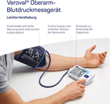 Тонометр Veroval на плече, м'яке вимірювання, клінічно перевірений, контроль положення манжети, виявляє порушення серцевого ритму, з програмним забезпеченням