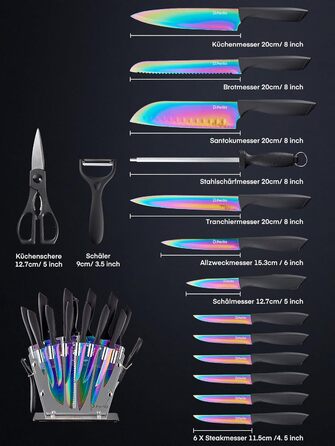 Набір ножів D.Perlla 16 предметів з покриттям Titan Rainbow, з підставкою з акрилу, з нержавіючої сталі з високим вмістом вуглецю, не іржавіє, надзвичайно гострі