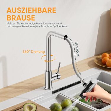 Кухонний змішувач BESy з 3 режимами струменя, висувна лійка, водоспад, поворотний на 360°, з нержавіючої сталі SUS304, для кухні