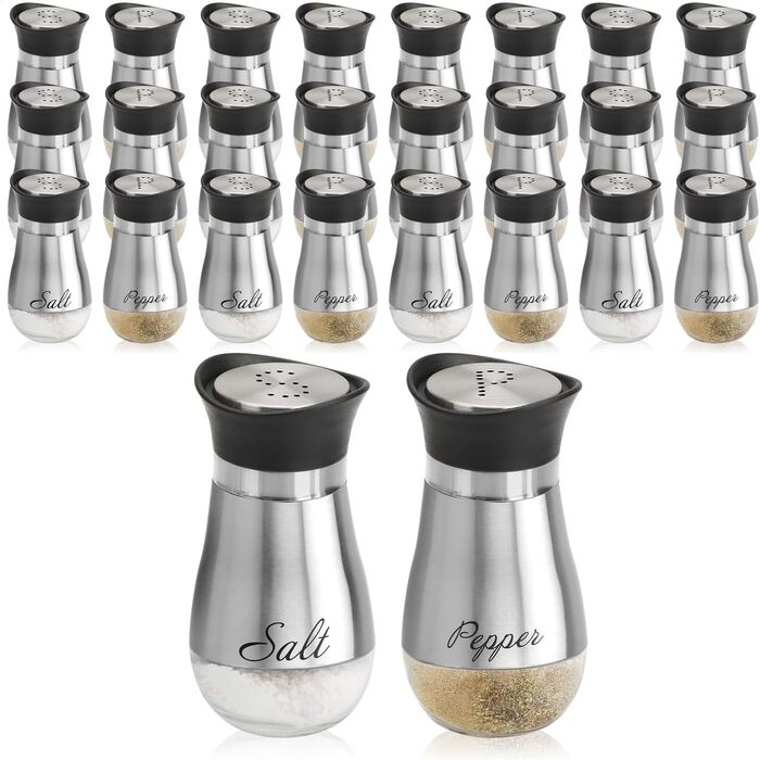 Набір для солі та перцю Com-Four® з нержавіючої сталі та скла (2 шт.) - дозатор спецій, контейнер для приправ з написом, для кухні та ресторану (сріблястий)