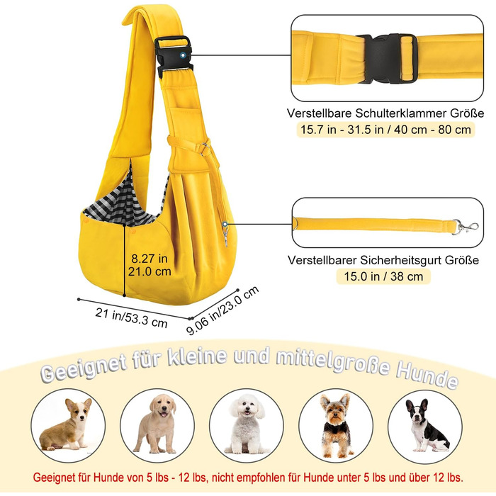 PetLoft Сумка-переноска для собак та котів, реверсивна, регульована, Cross-Body Carrier з підстібкою для нашийника (Жовтий)