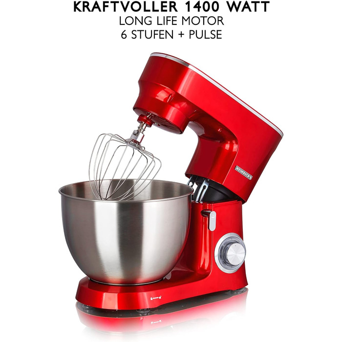 Кухонна машина Heinrichs 2500W з подвійним гаком для тіста, міксером та вінчиком, 8 швидкостей, чаша 8л з нержавіючої сталі, тиха, червона