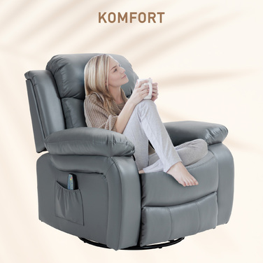 HOMCOM electric TV recliner chair with massage function, 360° swivel, featuring 8 vibration motors, rocking function, faux leather, 93L x 90W x 101H cm, Grey | Aosom
