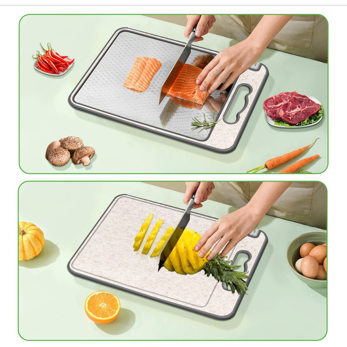 Нержавійна дошка для нарізання, двостороння, з сіткою, з канавкою для соку, з антиковзким бортиком, придатна для миття в посудомийній машині