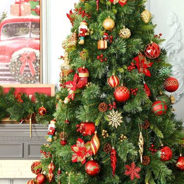 Набір прикрас на ялинку Shareconn 135 шт. – міцні ялинкові кулі з мотузкою, різні розміри та дизайни, декор для ялинки (червоний, зелений, золотий)