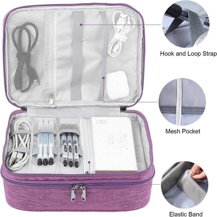 Органайзер для кабелів AiQInu: універсальна дорожня сумка-кубик, 3 шари, водонепроникний, для кабелів, power bank, USB, SD карт (фіолетовий)