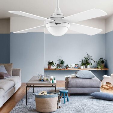 Стеляний вентилятор Ovlaim 122 см з регульованою LED-підсвіткою та пультом дистанційного керування, коричнева лампа, 6 швидкостей вітру, DC мотор, тихий для спальні/тераси (білий)