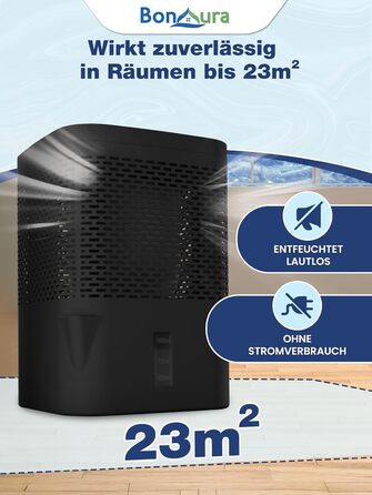 BonAura® Безструменевий осушувач повітря до 23 м² | 360° вентиляція | Осушувач для дому з виливом та 5 x 680 г гранул | Захист від плісняви та неприємних запахів | Осушувач повітря для квартири (Airone Black + 5 X гранул)