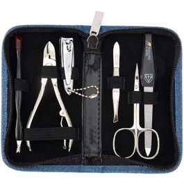 Набір для манікюру DREI SCHWERTER 'Torino' 6 предметів | Німецький манікюрний набір у футлярі з екошкіри | Вміст: ножиці для кутикули, кусачки для нігтів, щипці, пінцет, напільниковий скребок з сапфіру, інструмент для видалення кутикули (BLAU - Джинсовий вигляд)