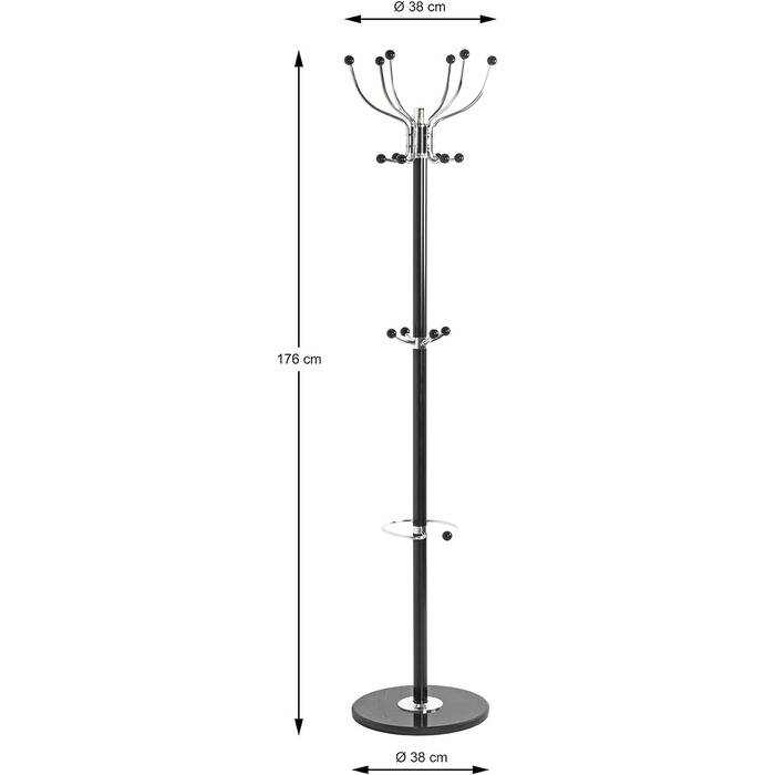 HAKU Furniture Coat Rack, Chrome, Black, Marble, Metal - Dimensions: H 176 cm x Ø 38 cm, Style: Modern