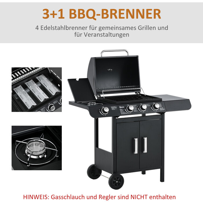 Газовий гриль Outsunny BBQ з коліщатками та 3 пальниками та 1 бічним пальником, редуктор та шланги, багатофункціональний, сталь, чорний, 110x50x100 см