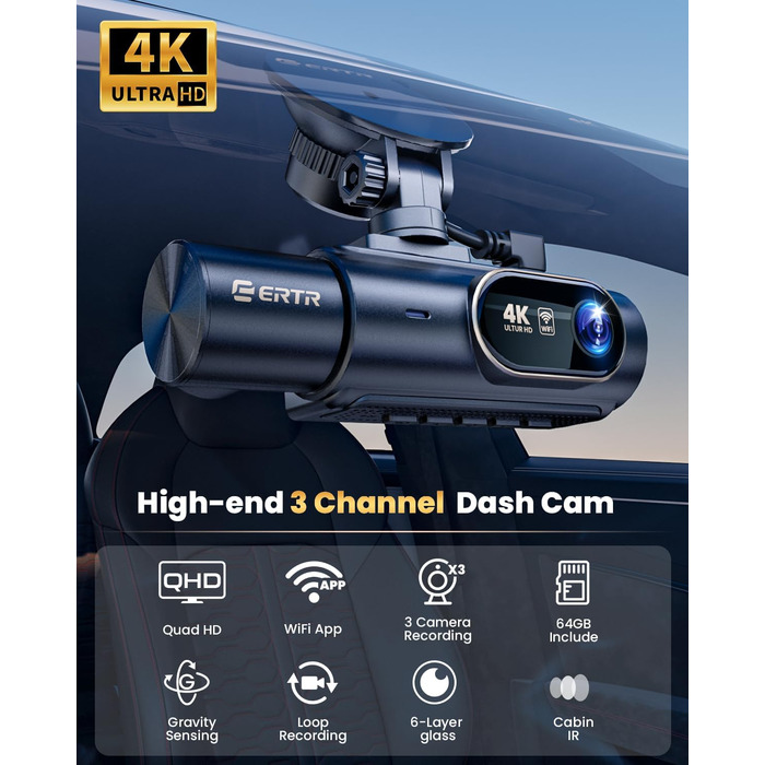 3-канальний 4K відеореєстратор для авто з камерою заднього виду, Wi-Fi, G-сенсором та нічною зйомкою, 4K+1080P+1080P, 64GB SD-карта в комплекті