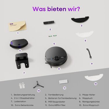 Робот-пилосос MONSGA з функцією миття, потужність 5000Pa, час роботи 180 хв, система захисту від спутання, навігація LiDAR, для килима, шерсті тварин, керування через додаток та пульт (чорний)