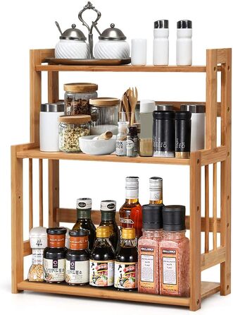 GIANTEX 3-Tier Bamboo Spice Rack, Corner Kitchen Shelf Organizer, Wooden Spice Stand Natural, Standing Kitchen Spice Rack, Kitchen Shelf System Spice Organizer Kitchen Organizer for Kitchen