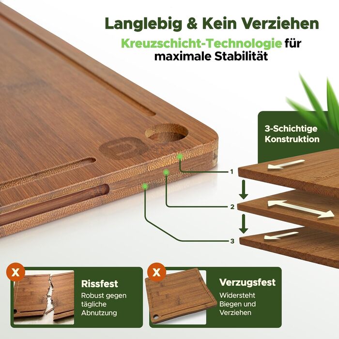 Велика бамбукова дошка для нарізання Naturlik XXL 45x30 см, карбонізована дерев'яна кухонна дошка з жолобом для соку та ручками для м'яса, овочів та хліба, набір 3 шт.