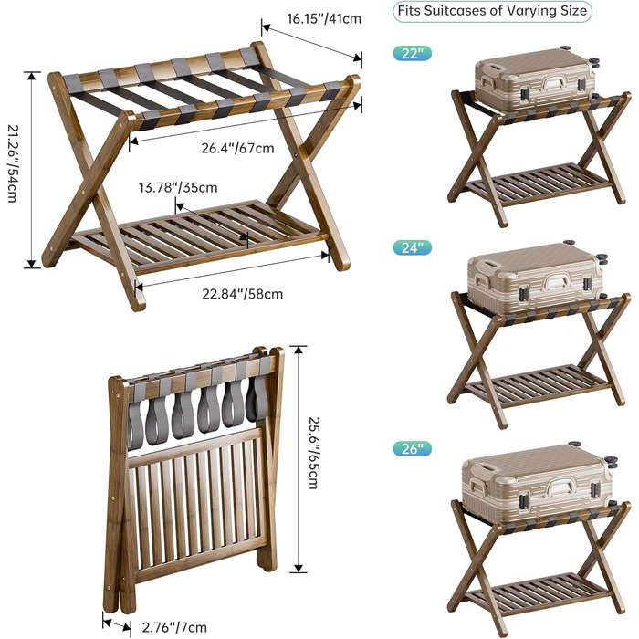 SMIBUY Luggage Rack, 2-Piece Set, Folding Bamboo Suitcase Stand with Shelf for Guest Room, Bedroom, Hotel, Heavy-Duty (Walnut)