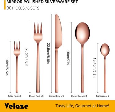 Набір столових приборів Velaze 30 предметів з нержавіючої сталі 18/10 (Rosegold) для 6 осіб