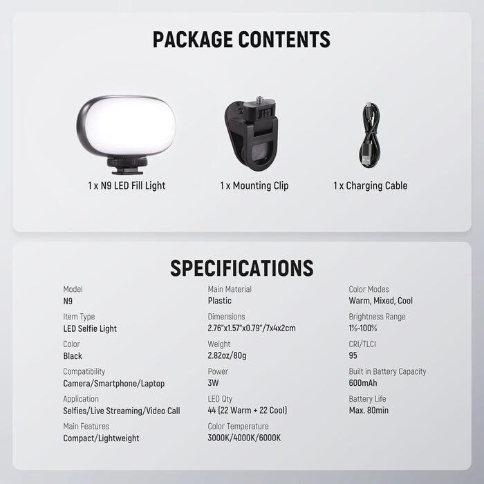 NEEWER BL120B LED світло для селфі та татуювань, сумісне з iPhone, з кліпсою, CPL фільтром, штативом та тримачем для телефону, BL120B (N9)