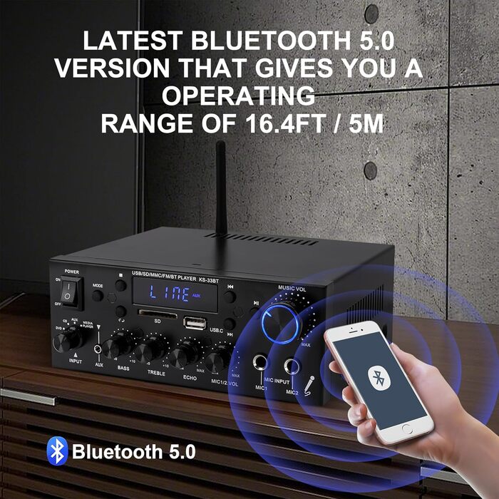 Міні підсилювач 60Вт+60Вт Bluetooth стерео, цифровий Hi-Fi аудіо підсилювач для дому та авто, USB, SD, FM, MIC, LCD дисплей, 12V/230V, 2-канальний (33BT)
