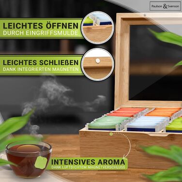 Paulson & Svenson® Sustainable Tea Box with 8 Compartments - Tea Bag Storage Made of Certified Bamboo Wood with Airtight Magnetic Closure and Viewing Window